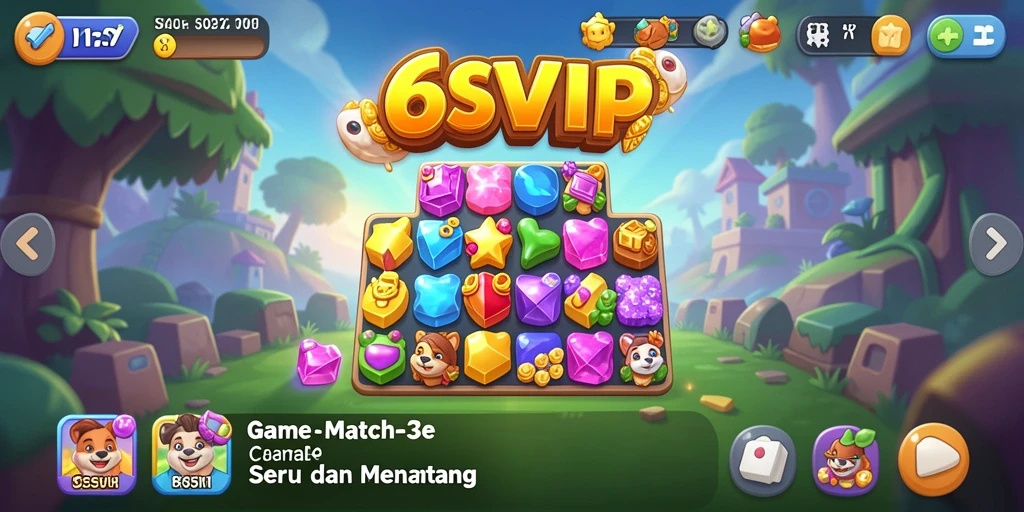 Screenshot gameplay 6SVIP yang menunjukkan level Match-3 penuh warna.