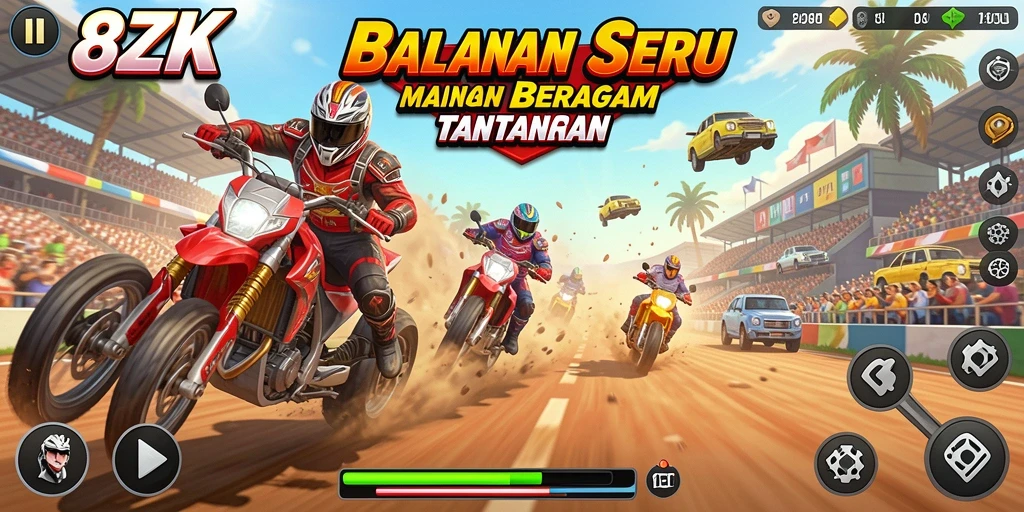 Screenshot gameplay 8ZK menampilkan aksi balapan yang mendebarkan.