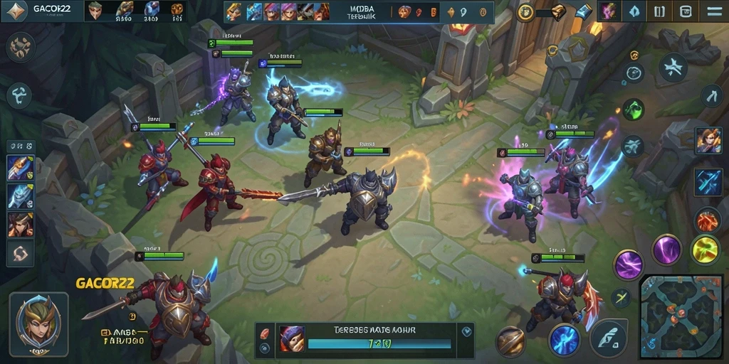 Tampilan seru gameplay GACOR22 dalam pertempuran MOBA.