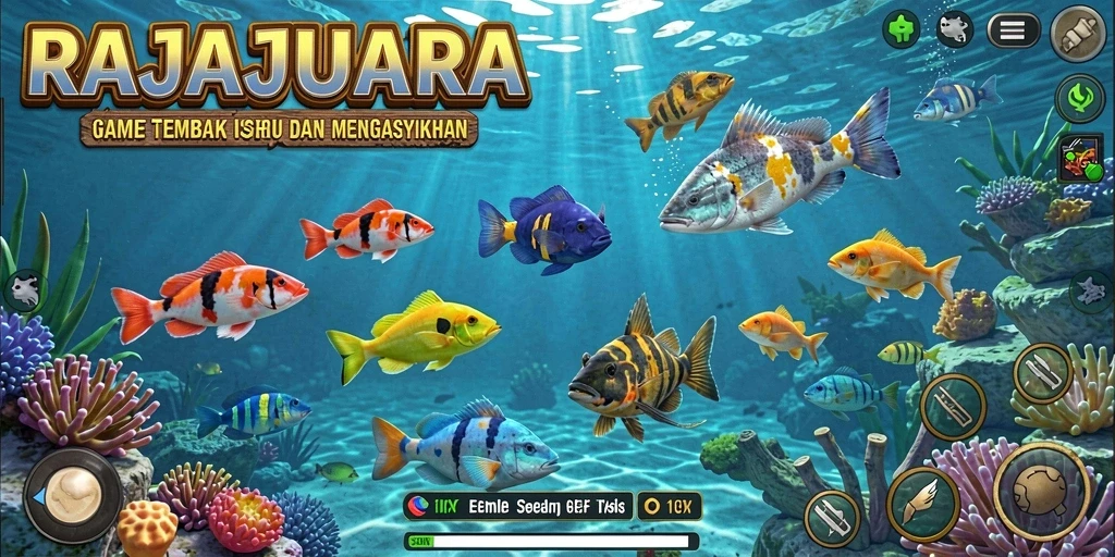 Tampilan gameplay RAJAJUARA menampilkan aksi menembak ikan yang mendebarkan.