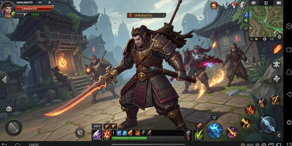 Screenshot gameplay SAMURAI555 yang menampilkan aksi pertempuran seru dalam MMORPG.
