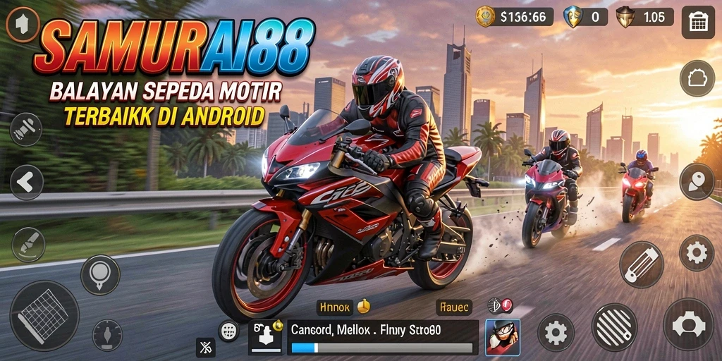 Screenshot menampilkan aksi balap sepeda motor yang mendebarkan.