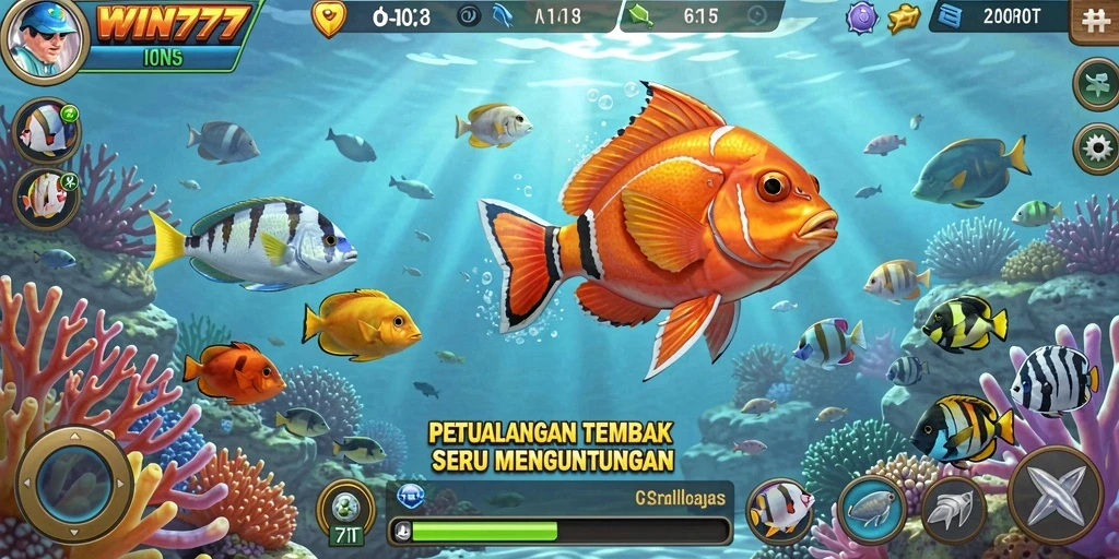 Tampilan gameplay seru dengan berbagai ikan yang bisa ditangkap.